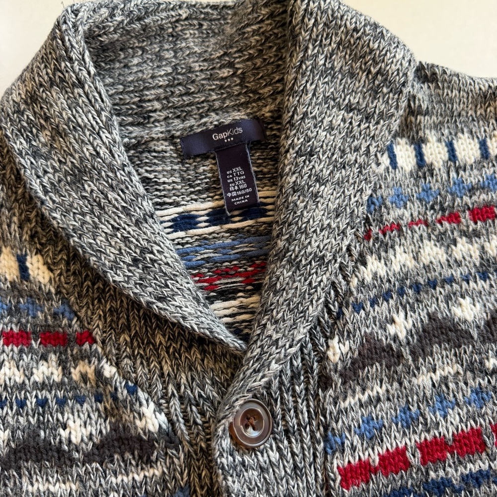 GapKids Fair Isle Shawl Collar Cardigan Heather Grey Chunky Knit Cardigan Sz XXL